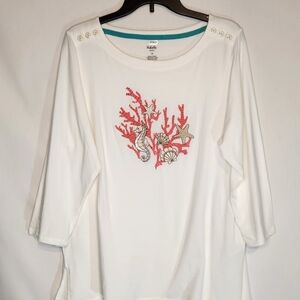 Rafaella White Long Sleeve Top with Seahorses And Coral Embroidery 1X Beachy